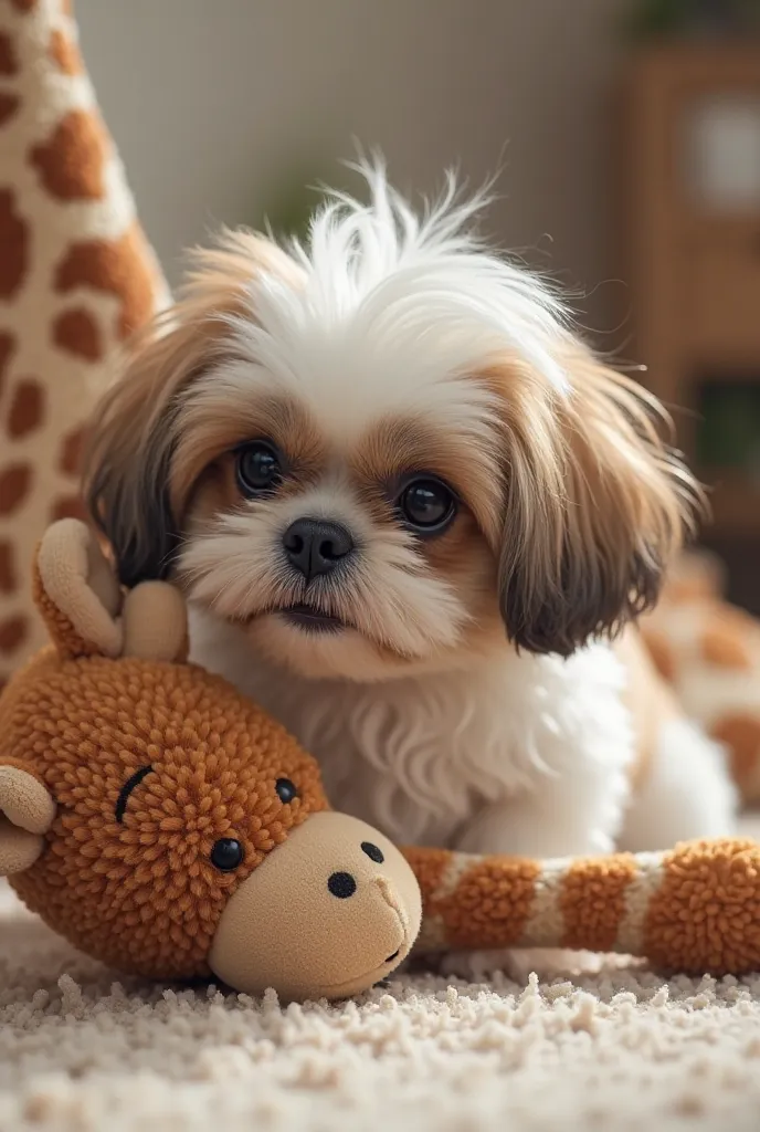 Make a little white and brown shih-tzu dog by biting a plush giraffe 