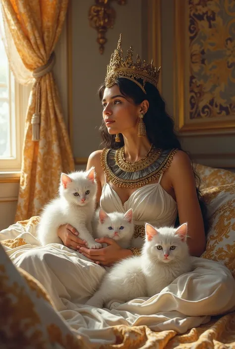 Queen Nerfetari with her white kittens in her bedroom with luxurious curtains and sunlight