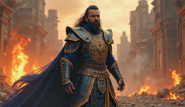 A noble sultan, draped in royal blue and gold, emerges from the destruction of his kingdom. The embers of war still glow behind him, but he remains unshaken. His armor gleams under the, and his expression is one of vengeance and destiny. He is not just a s...