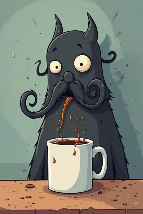 Cartoon, fun, Forward facing shadow floating head with tendril mustache and beard doing terrible things to coffee mug, 2D, clipart, 16-bit, simplified, his beard is tendrils dipping into the coffee.