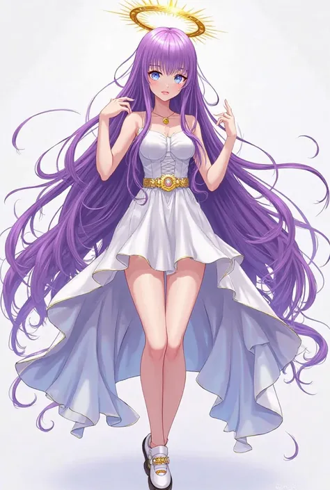 Adult Angel Girl, boku no hero style, with purple hair and long hips up to the hips and wavy, with white eyes, wearing a short white dress in the front and long in the back and golden halo