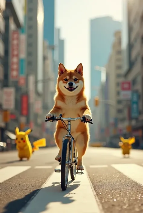 A realistic scene: A Shiba Inu rides a small vintage bicycle at Hachiko Crossing in the Shibuya business district, Tokyo, Japan, with Pikachu and skyscrapers in the background. The Shiba Inu stands, gripping the handlebars confidently, with a smug and adve...