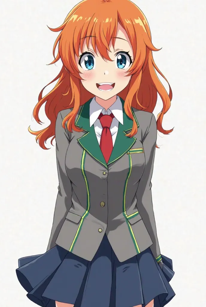 template: anime from My Hero Academia ,  wearing the UA uniform (gray jacket with green lines, blue skirt,  white shirt and red tie ). She has long, orange hair with a dynamic look,  slightly disheveled . Her eyes have heterochromia: the left one is blue a...