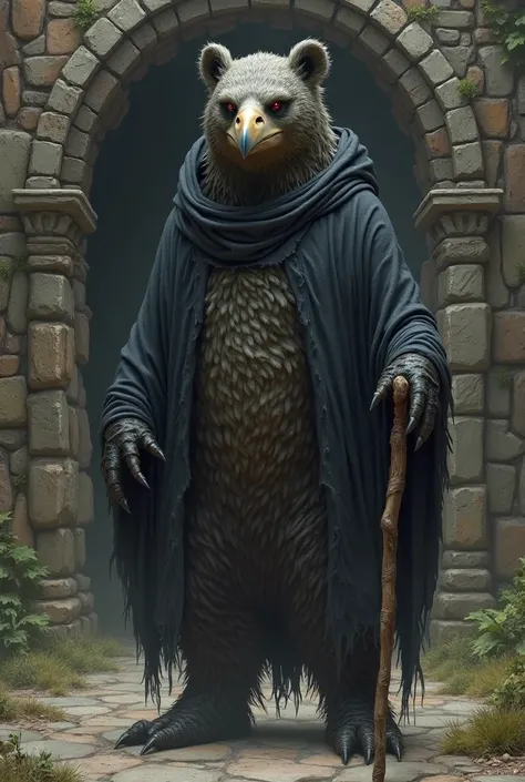 Create a big ridiculous creature with a bear's body and a bird's head. Wearing a loose long black hoodie, an old staff in his hand. The creature stands at the ancient entrance to the dungeon. Use high detail and realism.  fantasy style. 