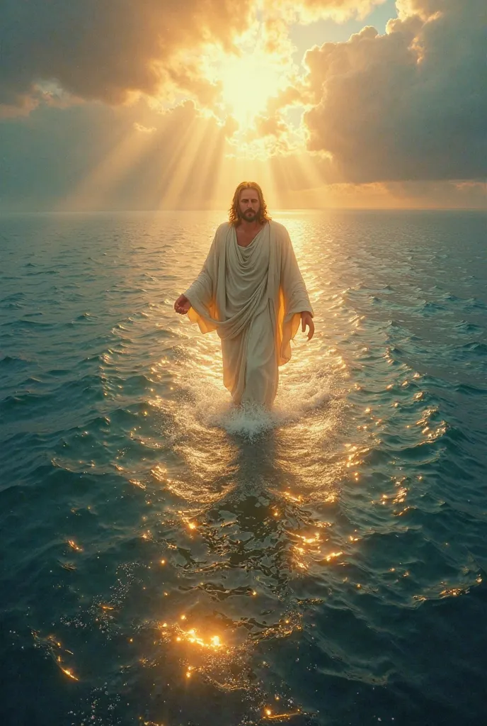 "A supernatural and majestic scene in **high resolution**, depicting **Jesus in colossal size** walking on the sea. The camera, positioned high, films from above as He advances towards the lens with firm and divine steps. **His eyes burn like flames of fir...