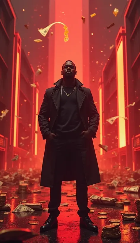 A powerful and confident Black man standing in a futuristic cityscape, illuminated by sweeping red lights. His silhouette is surrounded by abstract symbols of wealth, such as flowing currency lines, golden accents, and digital graphs rising upwards. The at...