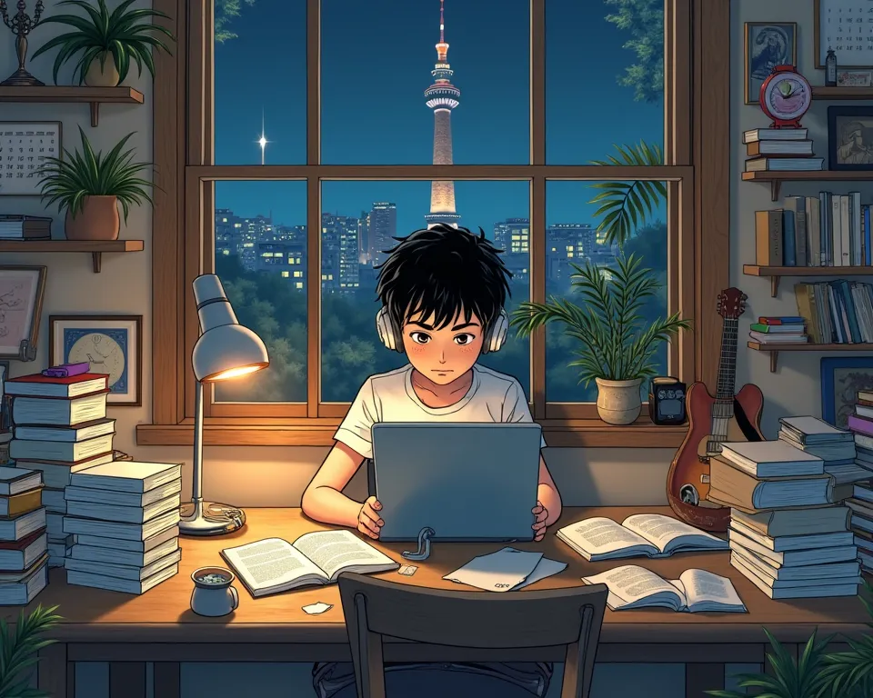 create a realistic manga-like image of a boy sitting at the table, studying or doing homework. The person is using headphones and is focused on writing in A. The environment appears to be a cozy and well-organized room, with various items that suggest a st...