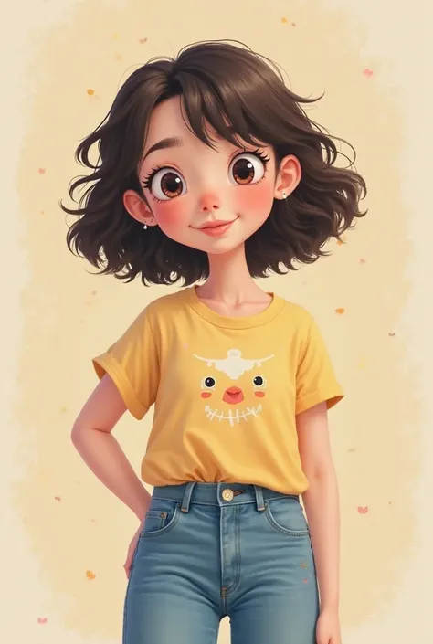 woman with moderately curly dark brown hair, normal skin color, jeans, light-colored and chubby Chibi style clothing