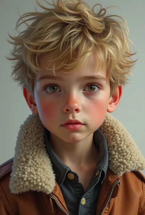 A realistic male boy  wearing a flight jacket and looking me in the eyes. Is hat blonde wuschelige Harre. brown eyes. cool facial expression. 