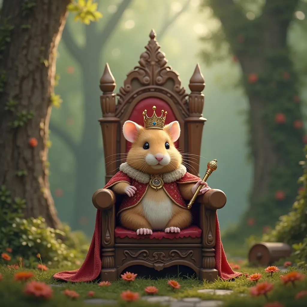 A clearing of a magical forest, in the center of which stands a vintage wooden throne. A charming pot-bellied, very fluffy hamster, dressed in royal clothes and a wooden crown, sits on a throne with a scepter in his hand. Mystical, magical, 3D style.