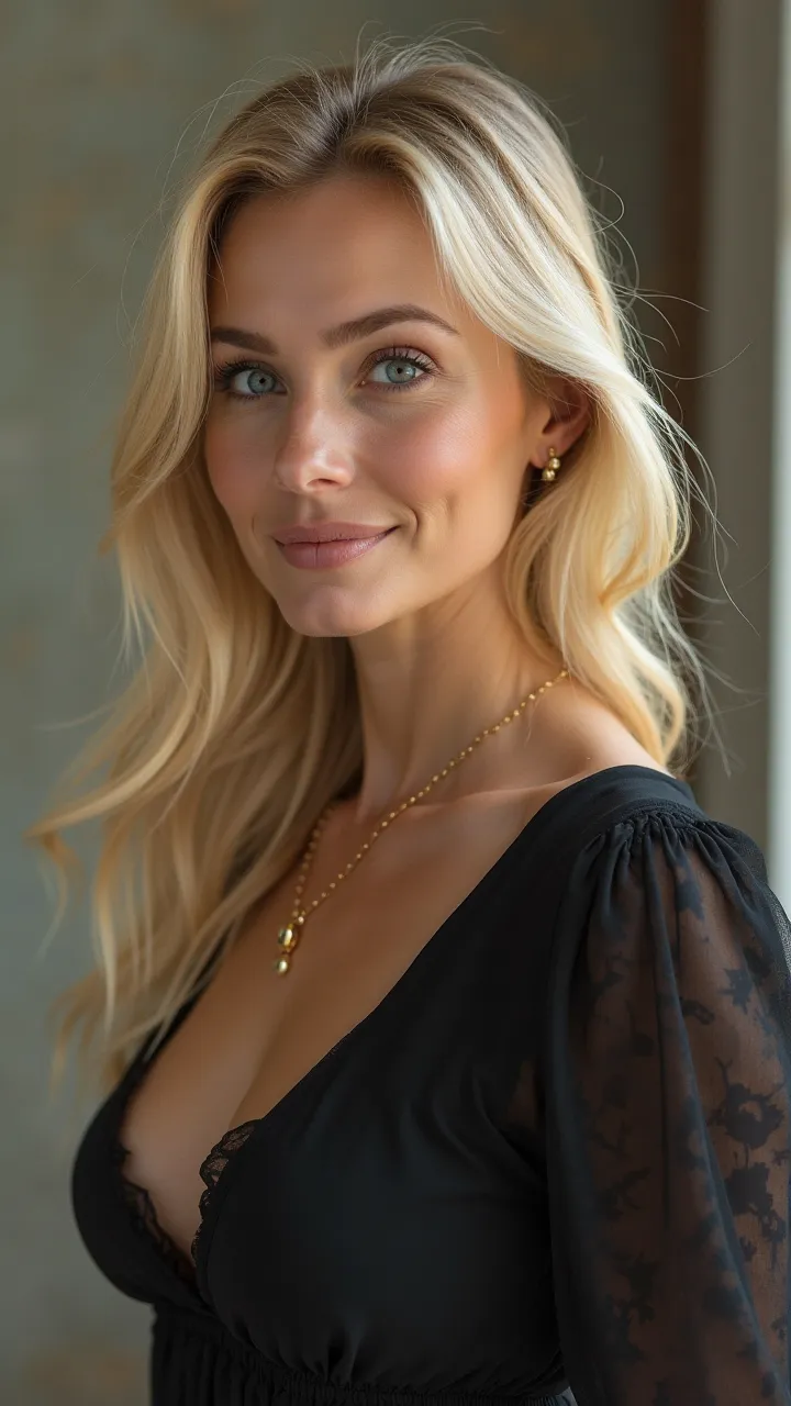  Milf 30 year old blonde woman with blue eyes. slight smile  (Blonde long hair), realistic and detailed face,  beautiful woman, , detailed face,Stands in a long black dress with wide neckline,real profile 