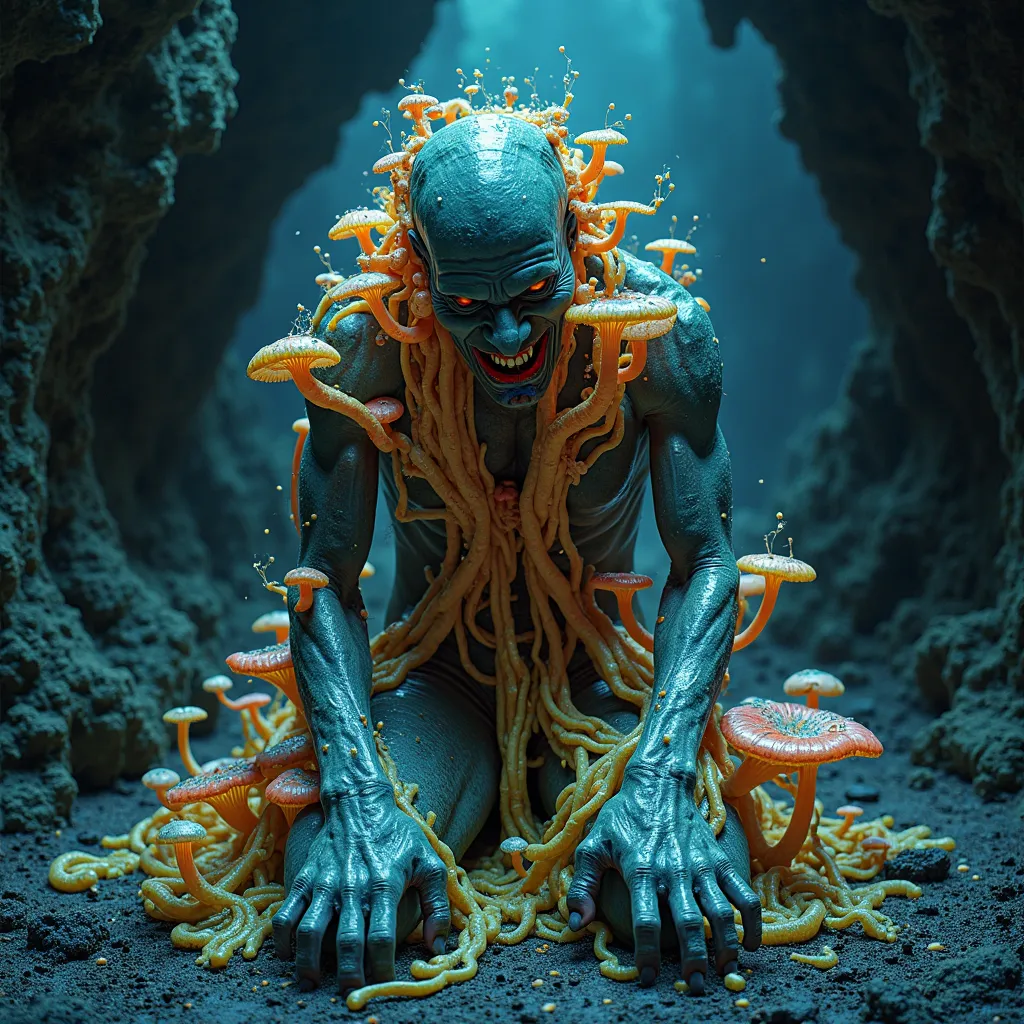 A kneeling man, fungal growths of fluorescent colors coming from its body, the man is in intense pain, on a cavern