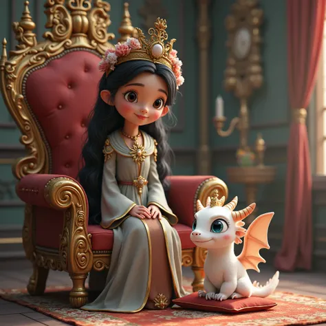 A beautiful old throne room. An attractive girl with long dark hair is dressed as a queen in a robe and a crown of buckwheat and flowers. She sits on a throne with a scepter in her hand. Next to her on an ottoman sits a charming little white very fluffy dr...