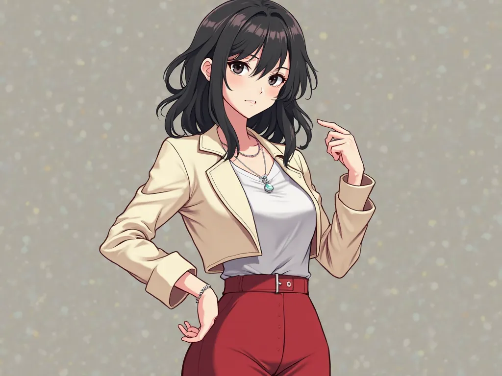 A girl anime assistant, 24 years old, She has a full body and has white skin.  with black eyes, has black slightly wavy hair. there is also a tight red skirt underneath. a light cream-colored jacket on top. is decorated for his boss and in the evening will...