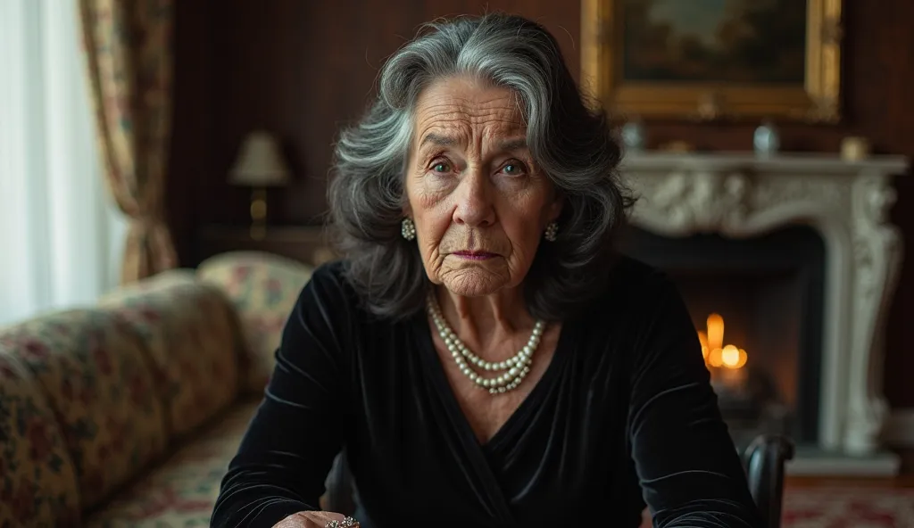 realistic image, An elderly wealthy woman with black, slightly wavy hair, with a few gray strands. Her eyes convey deep sadness, as if burdened by painful memories. She wears an elegant dark velvet dress and sophisticated jewelry, including a pearl necklac...