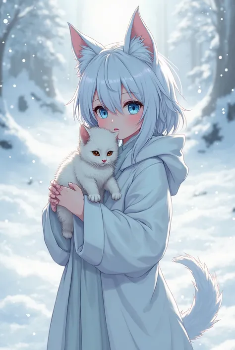 Raise a ,  hybrid, In cold white clothes, white hair and blue eyes with a kitten. Leave it in anime style.