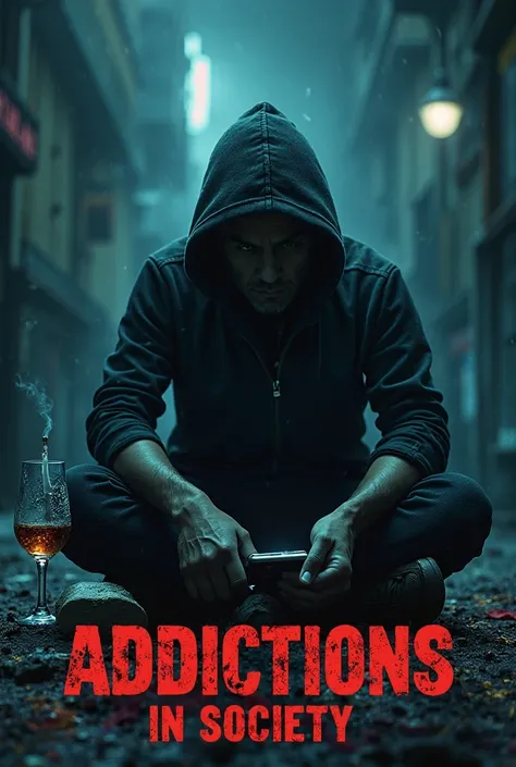 Make a movie cover with a cigarette, alcoholic beverage, cell phone and the name written in the middle: “addictions in society”
