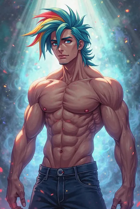 rainbow dash from my little pony cartoon in masculine form with bare torso, erotica,  Anime style 