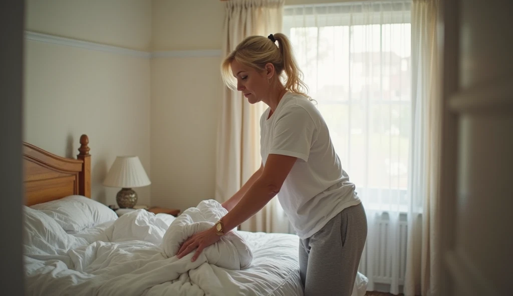 "A middle-aged blonde woman, wearing a simple T-shirt and sweatpants, is making the bed in a modest bedroom. She smooths out the blankets with a neutral expression, lost in thought. The morning light filters through the curtains, casting a soft glow over t...