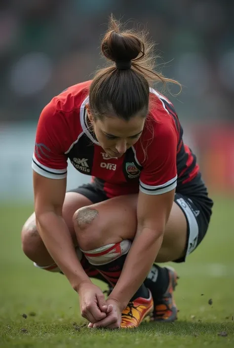 Create an image of a female rugby player. She’s really muscular and broad. Have her wearing a red and black rugby kit. Have her in the ground clutching her ankle in pain. She has brunette hair in a high bun. Make it so you can not see her face, just her ba...