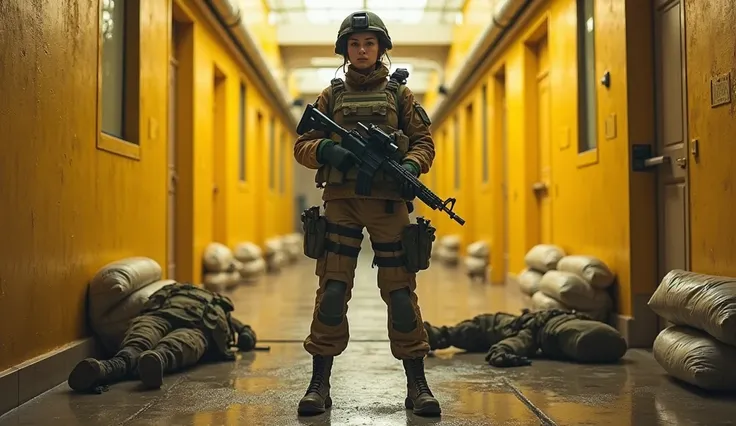 Female soldier in a yellow-walled corridor with doors and some sandbags near the walls and 2 dead soldiers on the floor 