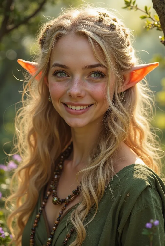 Portrait with a smile of a hobbit of a druid woman with blond hair 