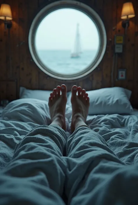  an image in the first person, I can see your feet, waking up in a bed on the ship 