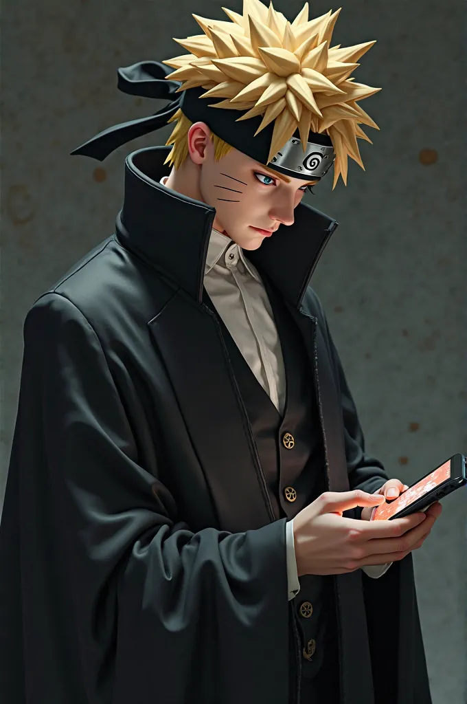 Create a image of Naruto  wearing black dress  and seeing the mobile phone in his hand 