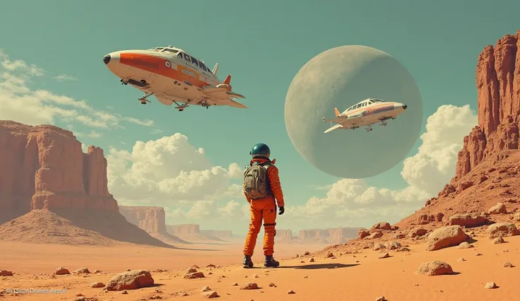 des vaisseaux spatiaux et un homme en combinaison spatiale sont debout dans un désert, art conceptuel de Scott Listfield, gagnant du concours cgsociety, rétrofuturisme, art rétro-futuriste,  illustrations de science-fiction , Illustrations de science-ficti...