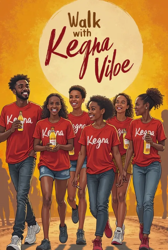 " Walk with Kegna Vibe" written on the background and girls and boys  walking on bunch with fun. they are wearing t-Shirt written " Kegna" on it. they have kegna juice and kegna mineral water on their hand. all the bottles have kegna  on it.  the t-shirt t...