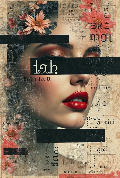 The image presents an abstract collage with superimposed visual elements. in the center, Highlight a woman&#39;s face with deep red lips and shadowed eyes.., whose style evokes a high fashion or advertising aesthetic. Around your face, There is a mix of te...