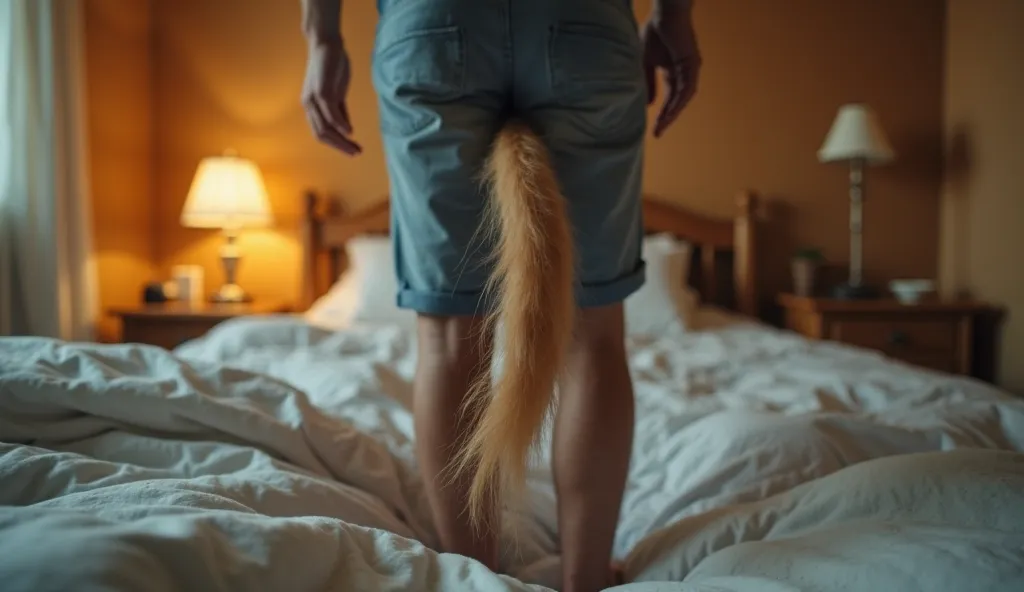 Photo of a man's tail taken from below, as if it were that he is getting out of bed in his room 