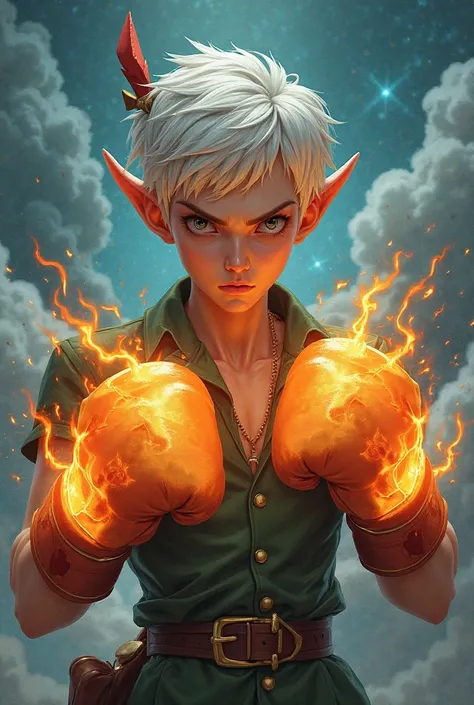 White-haired Peter Pan, with boxing gloves on fire