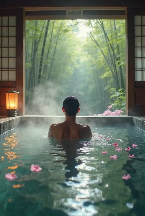 "Ultra-realistic POV of a Shogun soaking in a private hot spring (onsen) in ancient Kyoto. Steam rises from the mineral-rich water, partially obscuring the view of a serene bamboo forest. Cherry blossom petals float gently on the surface, carried by the br...