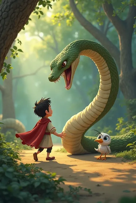 3d cinematic cartoon The prince quickly stepped back, avoiding the snake's deadly bite."
The prince swiftly moves backward just as the snake strikes, narrowly missing him. The bird hovers nearby, watching with concern.