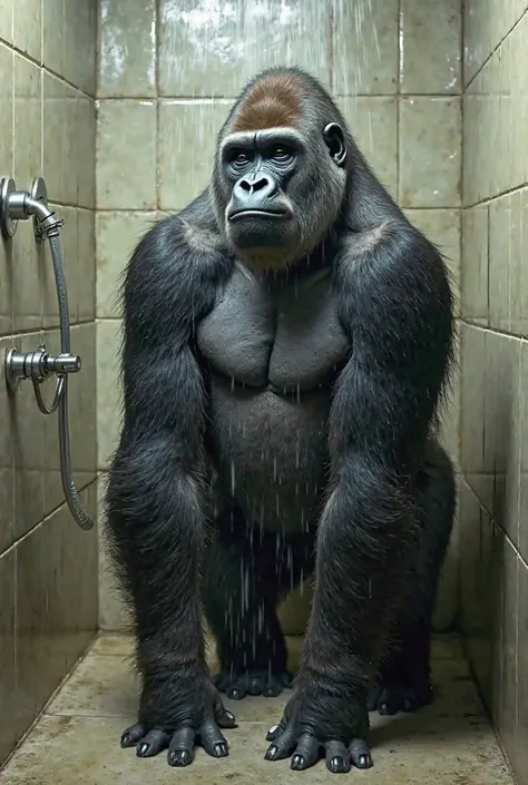 Create a photo of a female gorilla in the shower 