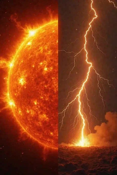 Side-by-side comparison of two intense heat sources. On one side, the blazing surface of the sun with bright, swirling fire and plasma. On the other, an ultra-hot lightning bolt striking with extreme energy, surrounded by smoke, fire, and molten ground. Di...