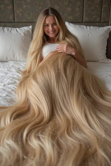 A beautiful woman lies on a large bed. She has the longest hair in the world. She has huge masses of beautiful long very blonde hair.  Her long thick beautiful hair cascades around her body. Her hair is so long that it completely covers the floor in all di...