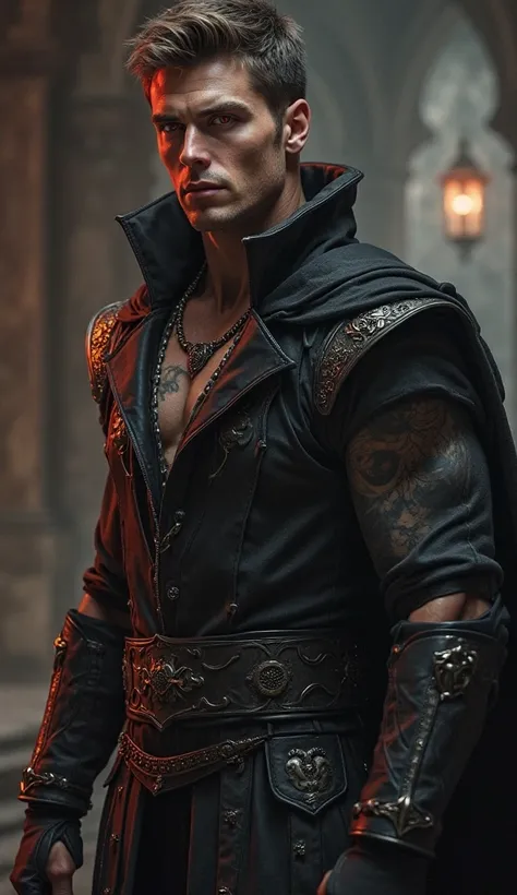 man, strong, Muscular,  short hair, red eyes, beautiful, beautiful,  tattoo on the arm , vampire class, rpg, vampiro, wizard, Horrified Man, in a medieval vampire castle, masculino e strong, muscular male hero , atraente macho Muscular, características mas...