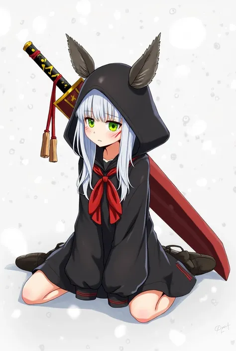 Wearing Black oversize hoodie with big red tied ribbon, a thick red and black sword with yellow pattern on her back, long and thin leg, white long pigtails, an expressionless girl, lifeless green eyes, a female animated character, two red lines on both che...