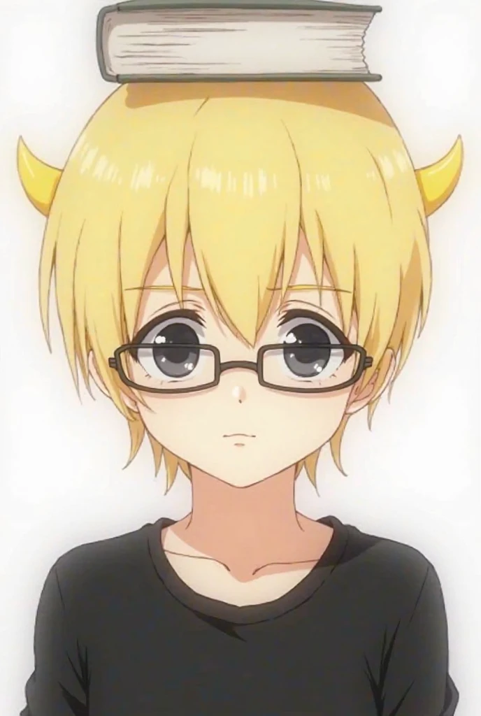 anime style character "blond hair" " black lenses" "Serious cutie" " black shirt" "Book in the head" "Small yellow horns"