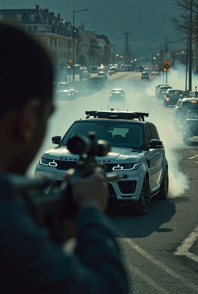 A black man in a Range Rover that is drifting, surrounded by other Range Rovers on a dark, urban street. The camera circles around the car, capturing the intense drifts and the surrounding vehicles. **Cut to close up, slow motion**: The man holds a sniper ...