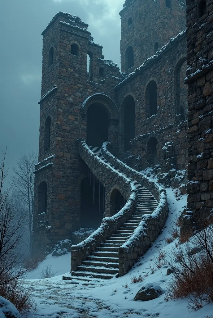 I asked you to generate a graphic of the stairs leading among the ruins of the Gothic-Romanesque tower (I mean the stairs inside the tower) in the setting of a winter night!