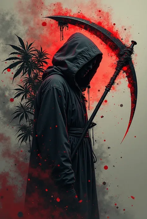 SmogReaper ☠️🍃

Egy modern kaszásfigura, whose scythe is formed from black and red smoke. Her hood hangs deep in her face, amelyet egy fehér koponyamaszk rejt. Behind her back stylized, graphic cannabis leaves floating, that slowly spin around, seems to be...