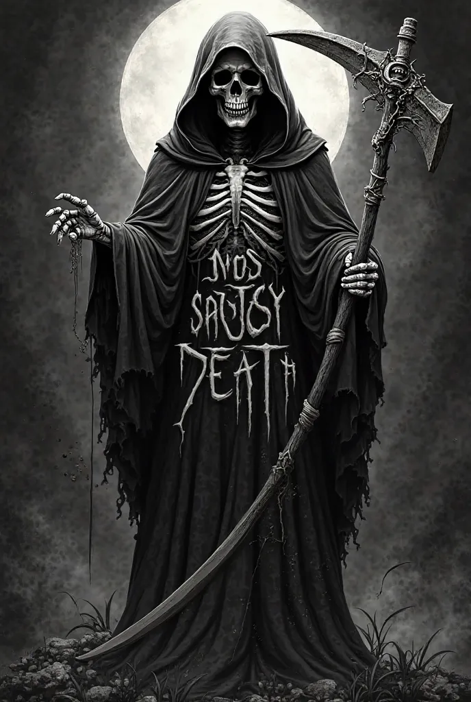 Create a Santa Muerte design in black and gray with scythe.  with a text that says "  Most Holy Death "