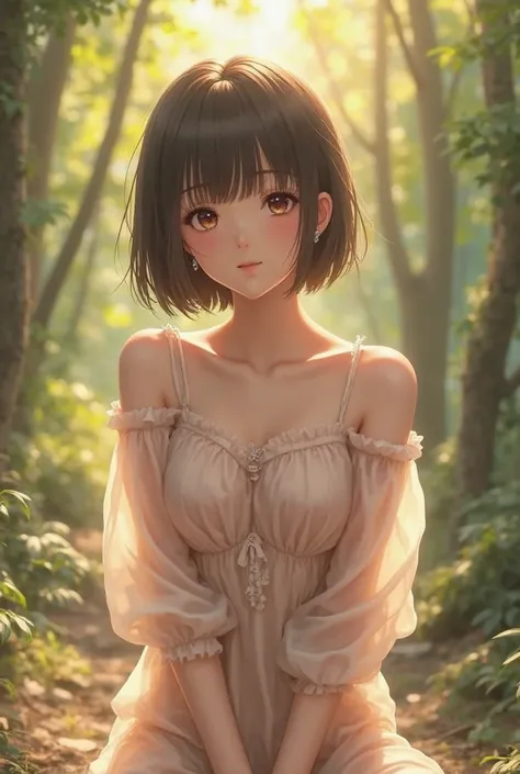 Photorealistic， ultra high definition ，Highest quality，best quality，8 k，RAW Photos ， Super detailed，ultra high resolution，(Amazingly cute Japanese real girl)，whole body， 1 person，face forward， Early morning in the woods  ，bright sunlight pours in， backligh...