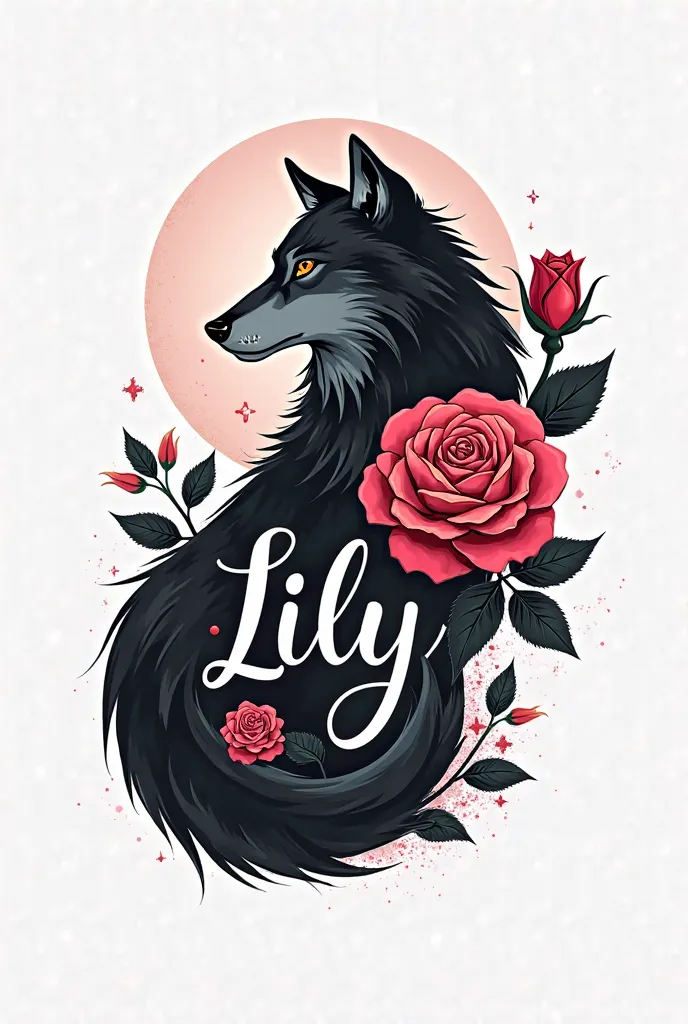 Create a logo that below says lily with a wolf and a rose that has resilience with. The colors pink, red, black and white that looks elegant 