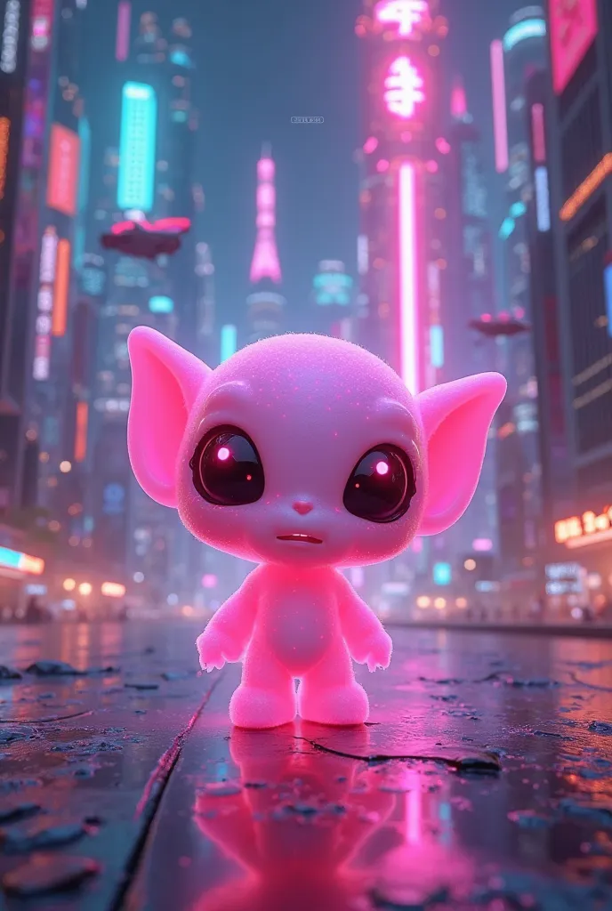 Create a small, phosphory-pink cartoon alien with a futuristic city with phosphorous colors in the background 