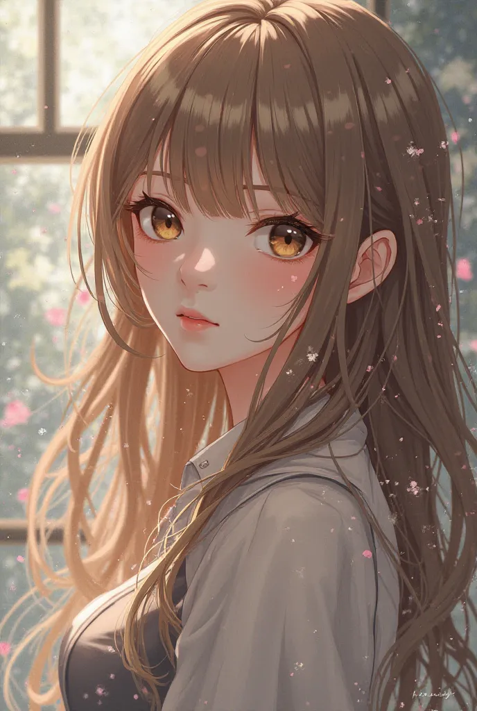 Adult Anime drawn character with light brown long hair and bangs