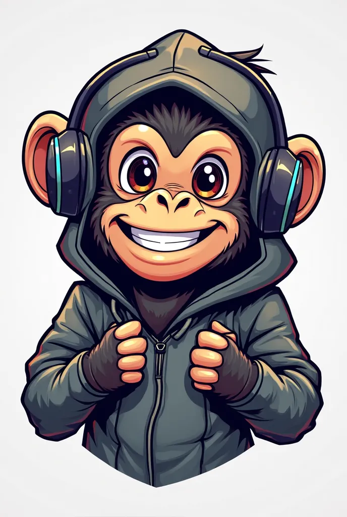 Logo-style gamer monkey with earphones and wearing a hooded jacket of 